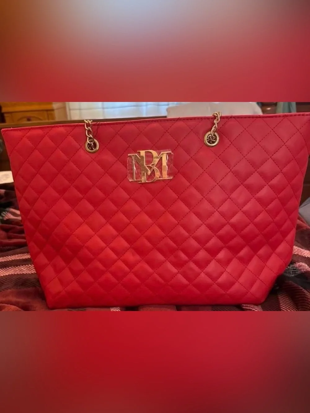 Badgley Red Quilted Tote with Gold Chain Handles